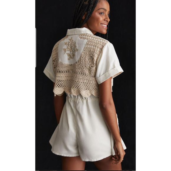 NEW Anthropologie Cotton Crocheted Romper Size 4 Linen Blend - Picture 2 of 3